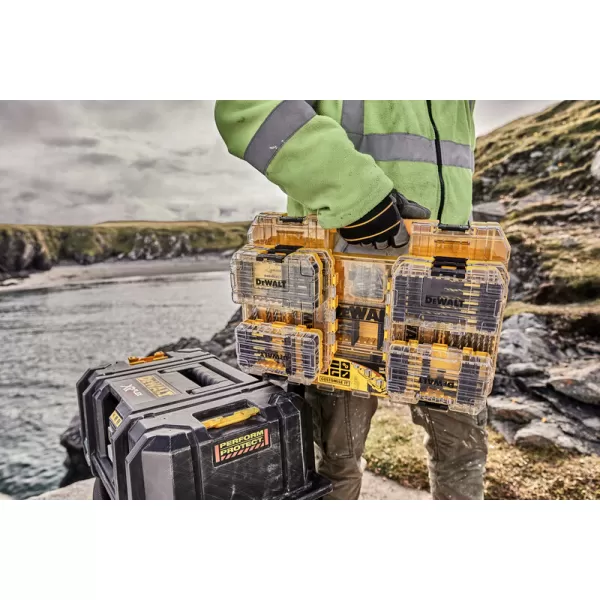 Aku bezuhlíková vícehlavá vrtačka 18V 2x2,0 Ah DeWALT DCD803D2T+ 85-dílná sada bitů a vrtáků DT70762