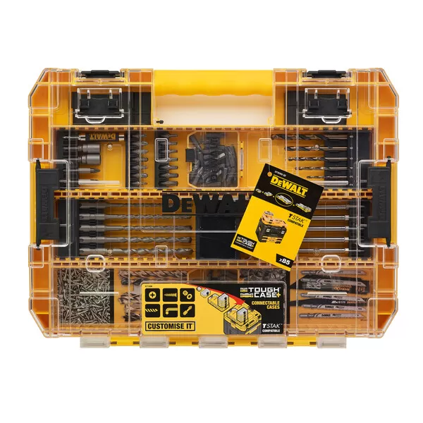 Aku bezuhlíková vícehlavá vrtačka 18V 2x2,0 Ah DeWALT DCD803D2T+ 85-dílná sada bitů a vrtáků DT70762