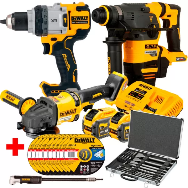 Aku kombo sada nářadí 18V 2x 9,0 Ah DeWALT DCK319X2T + nástavec DT20502 + 10 kotoučů DT43902 + sada vrtáků a sekáčů DT9679