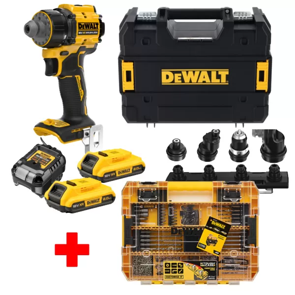 Aku bezuhlíková vícehlavá vrtačka 18V 2x2,0 Ah DeWALT DCD803D2T+ 85-dílná sada bitů a vrtáků DT70762