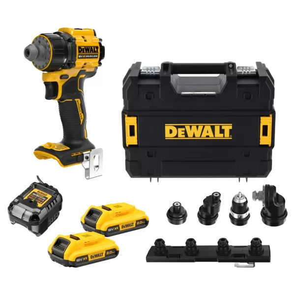 Aku bezuhlíková vícehlavá vrtačka 18V 2x2,0 Ah DeWALT DCD803D2T+ 85-dílná sada bitů a vrtáků DT70762