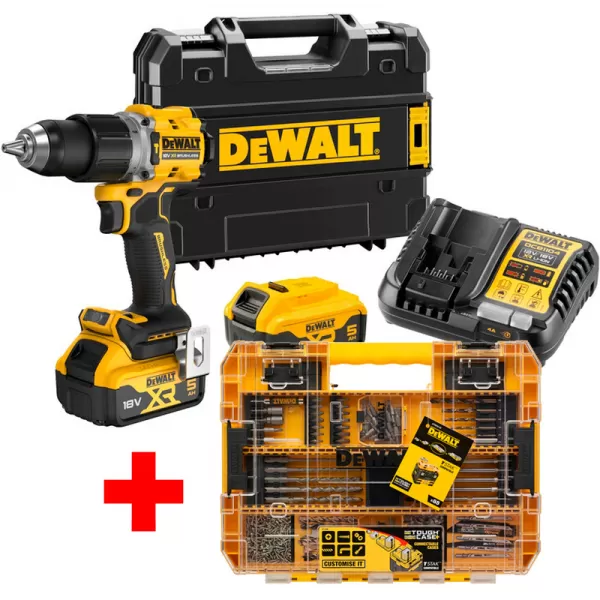 Aku příklepová vrtačka 18V 2x5,0Ah DeWALT DCD805P2T+85dílná sada vrtáků a bitů DT70763