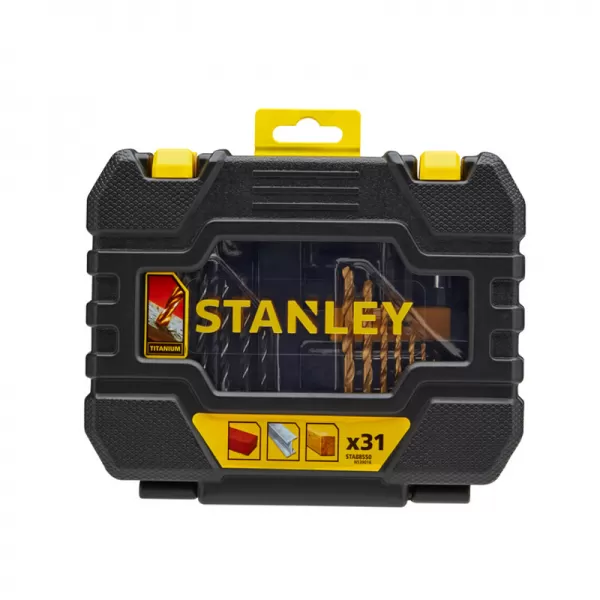 31dílná sada vrtáků do kovu Titanium/dřeva/zdiva, šroubovací bity, magnetický držák bitů, záhlubník Stanley STA88550